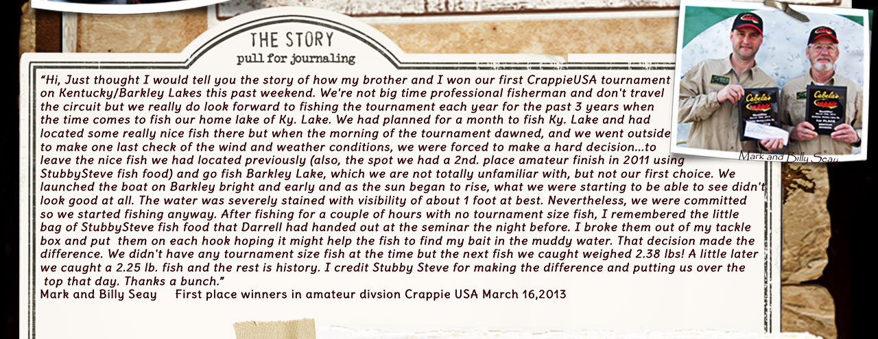 We just love this story from Mark and Billy Seay... they finshed first in the amateur division at the Crappie USA tournament on March 16, 2013... they credit using a sample pack of our Fish Food Pellets to help  put them in first place....